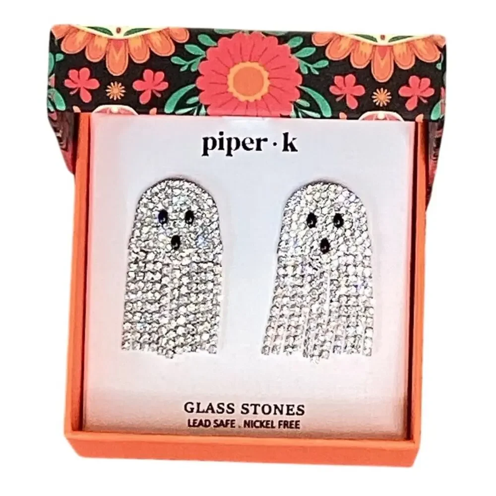 Piper K Ghost Rhinestone Earrings Halloween Dangle Glass Stone Cute Spooky NWT